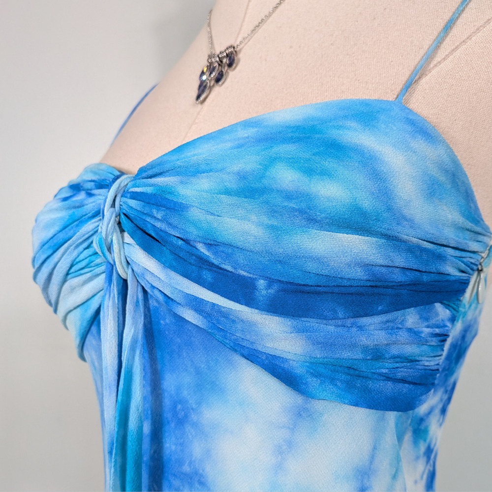 Vintage Cache Silk Prom Dress Maxi Gown 2 Blue Tie Dye Y2K Fairy Babydoll Nymph - Picture 6 of 13